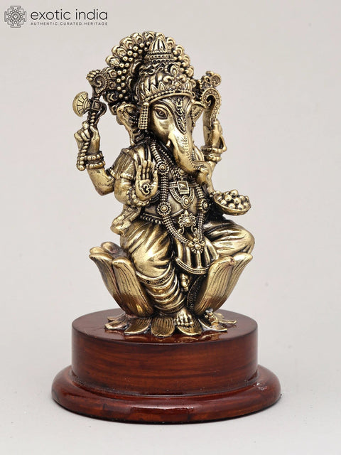 5" Small Superfine Lord Ganesha in Blessing Gesture with Wood Base | Brass Sculpture