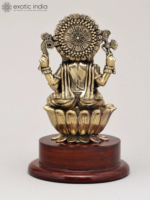 5" Small Superfine Lord Ganesha in Blessing Gesture with Wood Base | Brass Sculpture
