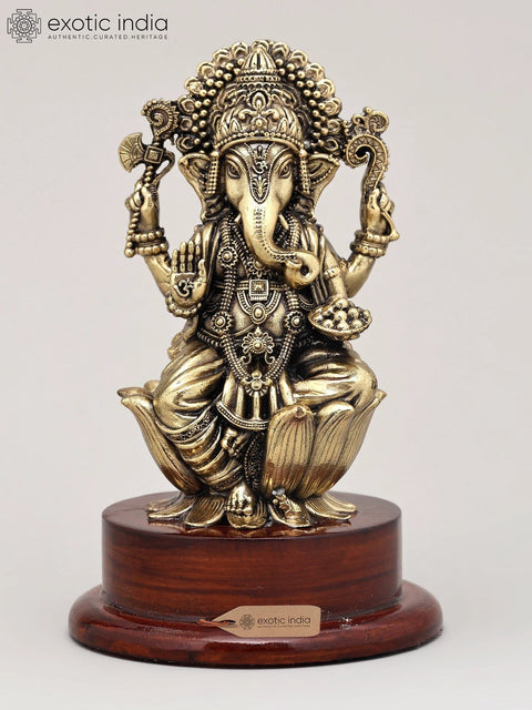 5" Small Superfine Lord Ganesha in Blessing Gesture with Wood Base | Brass Sculpture