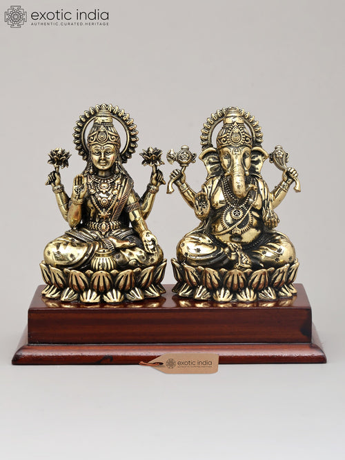 5" Brass Goddess Lakshmi and Lord Ganesha Seated on Lotus Idol with Wood Base