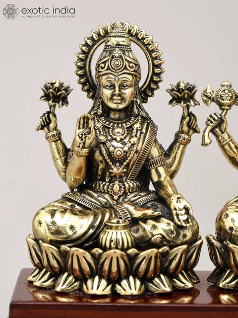 5" Small Superfine Goddess Lakshmi and Lord Ganesha Seated on Lotus with Wood Base | Brass Idol