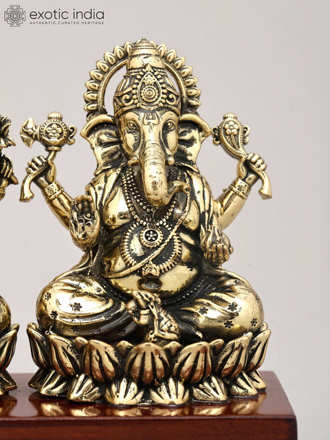 5" Small Superfine Goddess Lakshmi and Lord Ganesha Seated on Lotus with Wood Base | Brass Idol