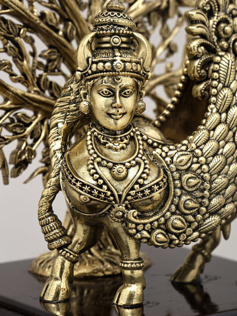 7" Superfine Goddess Kamdhenu Standing with Tree of Life on Wood Base | Brass Statue