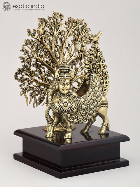 7" Superfine Goddess Kamdhenu Standing with Tree of Life on Wood Base | Brass Statue