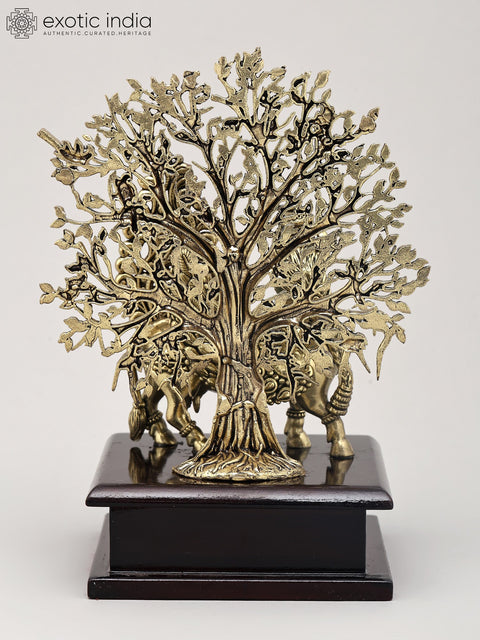 7" Superfine Goddess Kamdhenu Standing with Tree of Life on Wood Base | Brass Statue