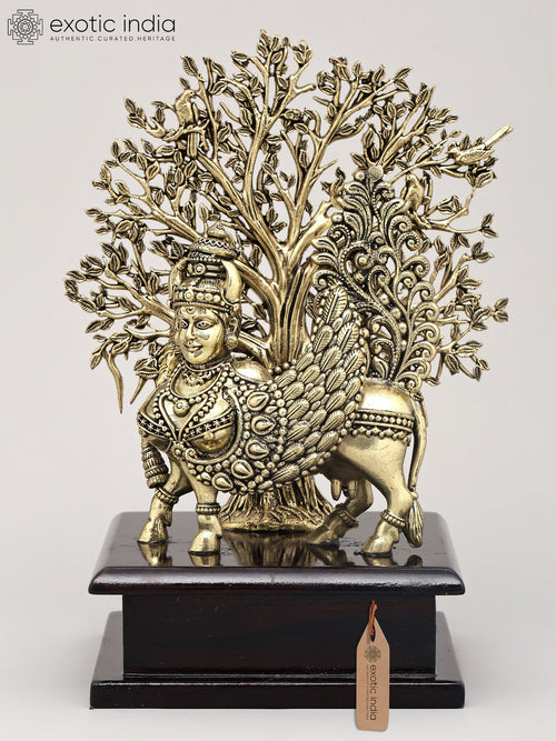 7" Brass Goddess Kamdhenu Handmade Statue with Wood Base