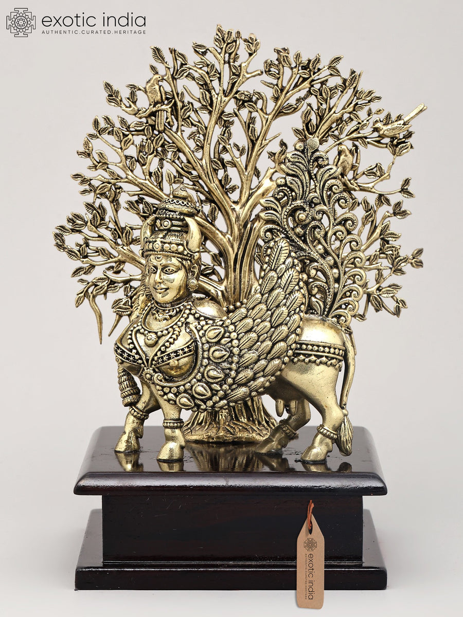 7" Brass Goddess Kamdhenu Handmade Statue with Wood Base