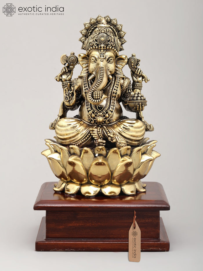 7" Four Armed Ganesha on Lotus Brass Idol with Wood Base