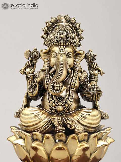 7" Superfine Four Armed Lord Ganesha Seated on Lotus with Wood Base | Brass Idol