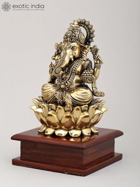 7" Superfine Four Armed Lord Ganesha Seated on Lotus with Wood Base | Brass Idol