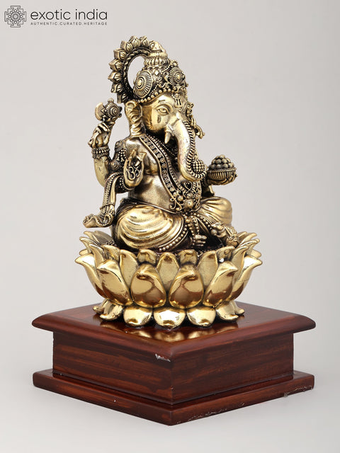 7" Superfine Four Armed Lord Ganesha Seated on Lotus with Wood Base | Brass Idol