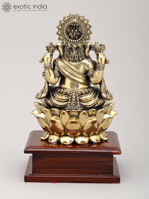 7" Superfine Four Armed Lord Ganesha Seated on Lotus with Wood Base | Brass Idol