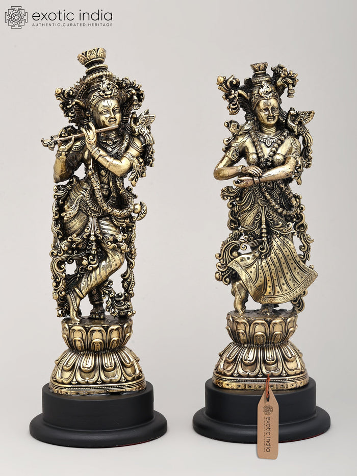 9" Radha Krishna Brass Statue with Wood Base - Handmade Sculpture