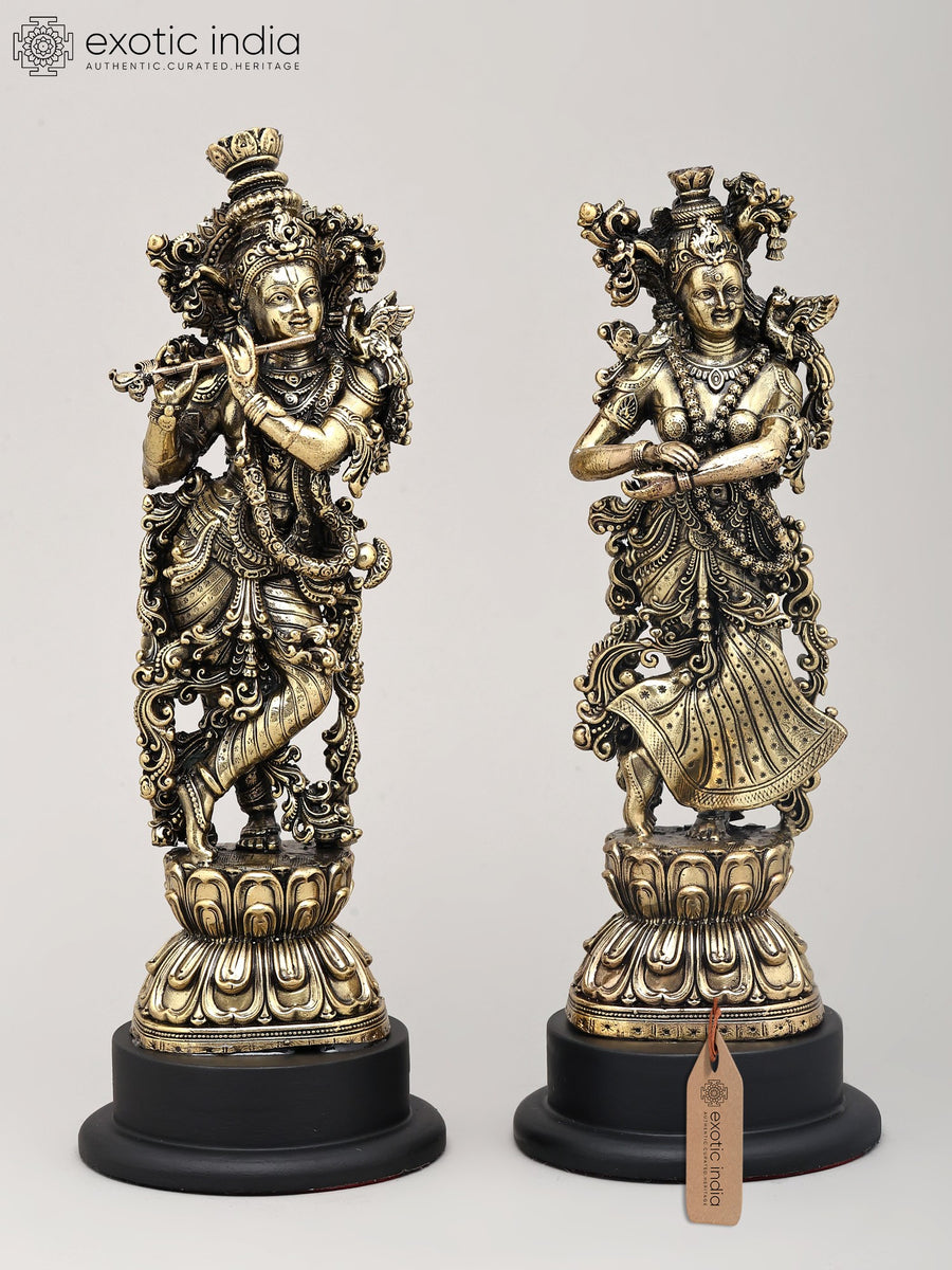 9" Radha Krishna Brass Statue with Wood Base - Handmade Sculpture