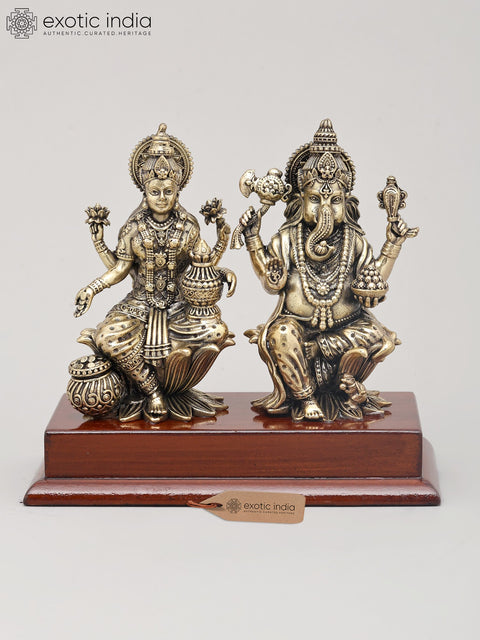 5" Small Superfine Pair of Goddess Lakshmi and Lord Ganesha with Wood Base | Brass Idol
