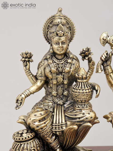 5" Small Superfine Pair of Goddess Lakshmi and Lord Ganesha with Wood Base | Brass Idol