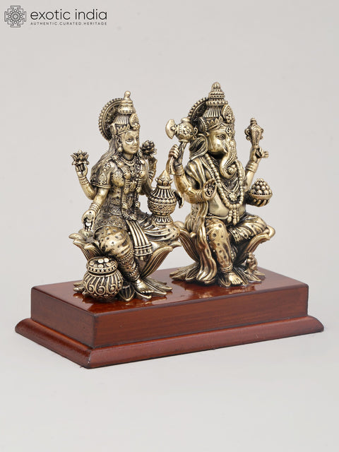 5" Small Superfine Pair of Goddess Lakshmi and Lord Ganesha with Wood Base | Brass Idol