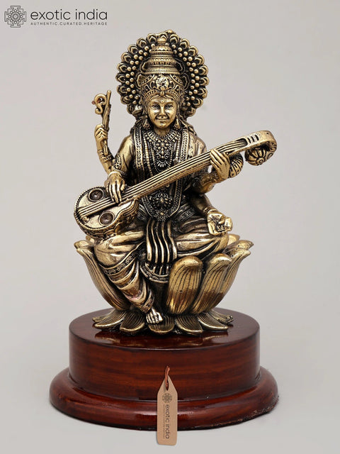 5" Small Superfine Idol of Goddess Saraswati Playing Sitar on Wood Base | Brass Statue