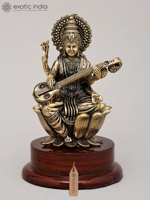 5" Handmade Brass Goddess Saraswati Playing Sitar Idol with Wood Base