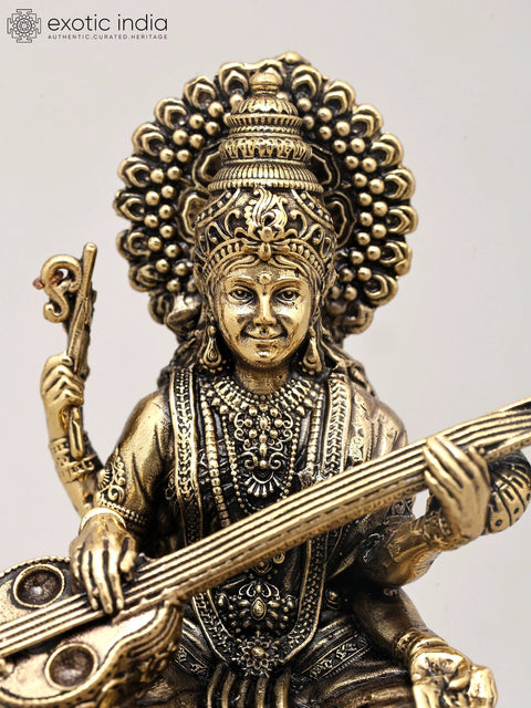 5" Small Superfine Idol of Goddess Saraswati Playing Sitar on Wood Base | Brass Statue