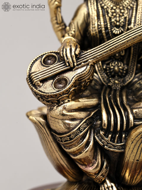 5" Small Superfine Idol of Goddess Saraswati Playing Sitar on Wood Base | Brass Statue