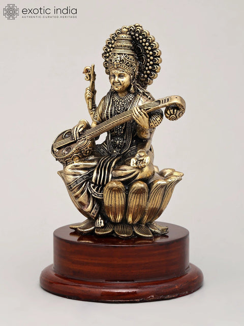 5" Small Superfine Idol of Goddess Saraswati Playing Sitar on Wood Base | Brass Statue
