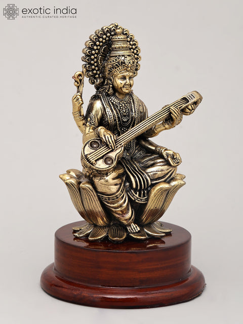 5" Small Superfine Idol of Goddess Saraswati Playing Sitar on Wood Base | Brass Statue