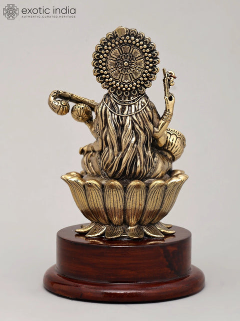 5" Small Superfine Idol of Goddess Saraswati Playing Sitar on Wood Base | Brass Statue