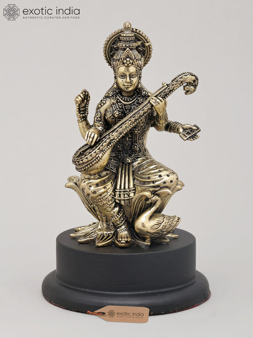 5" Handmade Saraswati Brass Idol with Swan on Wood Base