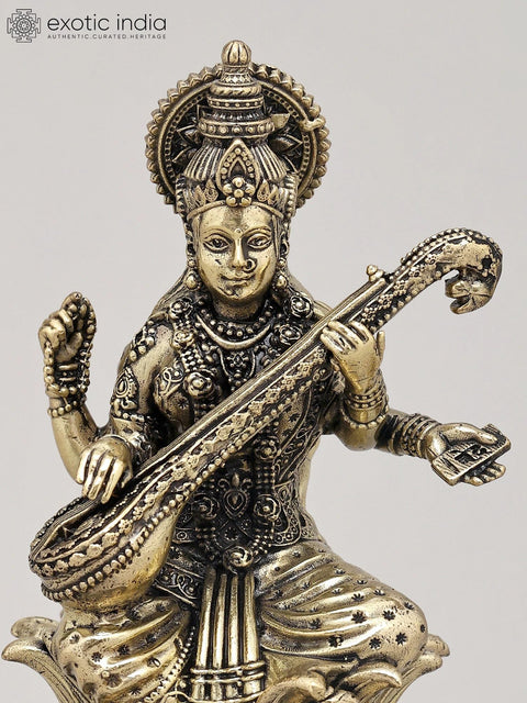 5" Small Superfine Four Armed Goddess Saraswati with Swan on Wood Base | Brass Sculpture