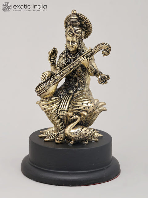 5" Small Superfine Four Armed Goddess Saraswati with Swan on Wood Base | Brass Sculpture