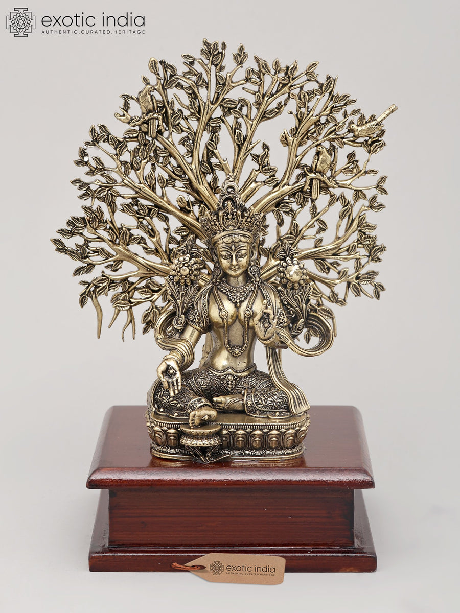 7" Green Tara Buddhist Goddess Brass Statue with Wood Base