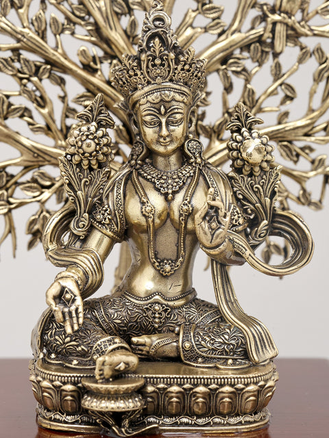 7" Superfine Buddhist Goddess Green Tara Seated with Tree of Life on Wood Base | Brass Statue