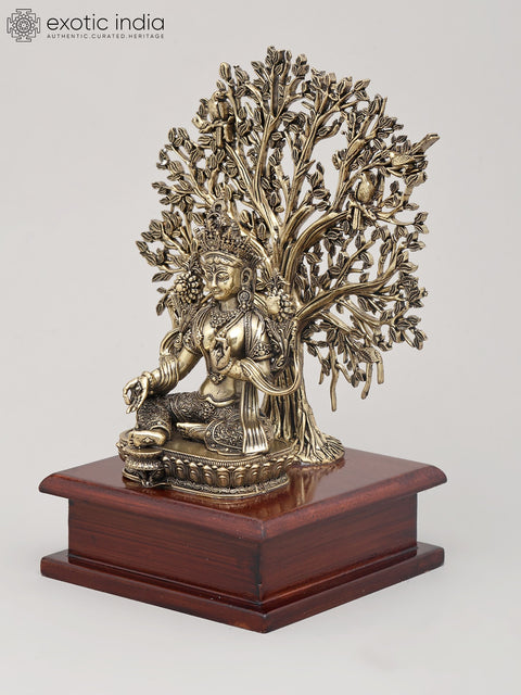7" Superfine Buddhist Goddess Green Tara Seated with Tree of Life on Wood Base | Brass Statue