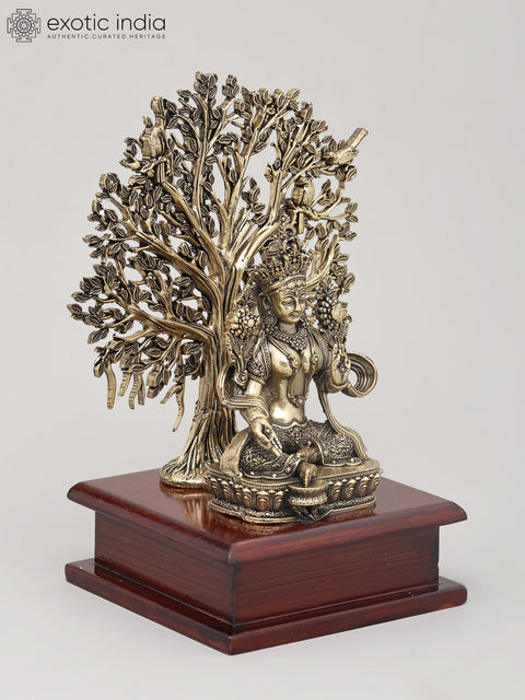 7" Superfine Buddhist Goddess Green Tara Seated with Tree of Life on Wood Base | Brass Statue