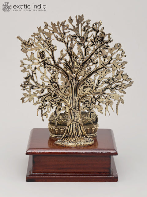 7" Superfine Buddhist Goddess Green Tara Seated with Tree of Life on Wood Base | Brass Statue