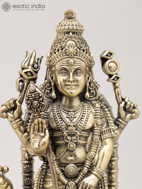 7" Superfine Four Armed Lord Murugan Standing with Vel on Wood Base | Brass Idol