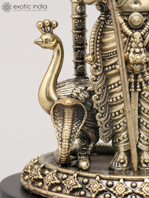 7" Superfine Four Armed Lord Murugan Standing with Vel on Wood Base | Brass Idol
