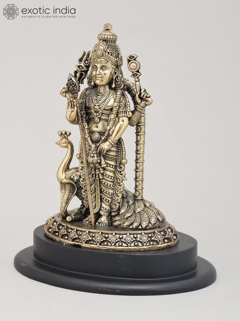7" Superfine Four Armed Lord Murugan Standing with Vel on Wood Base | Brass Idol