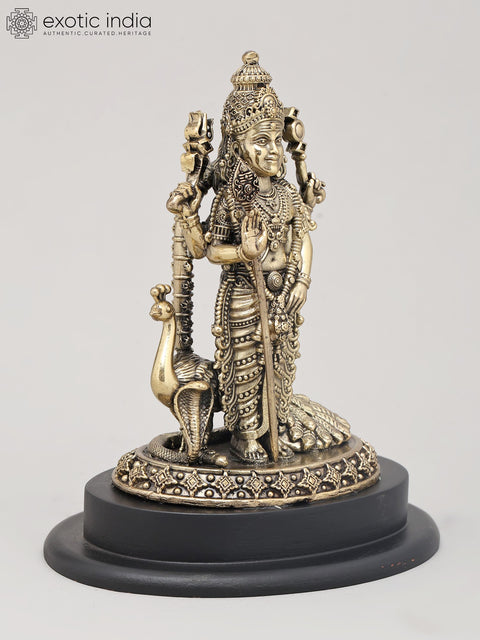 7" Superfine Four Armed Lord Murugan Standing with Vel on Wood Base | Brass Idol