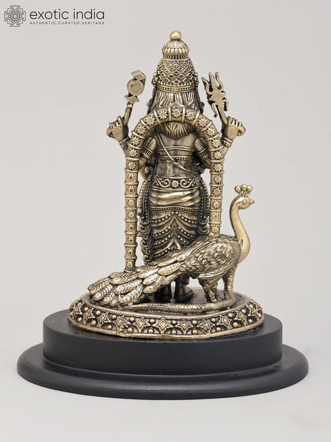 7" Superfine Four Armed Lord Murugan Standing with Vel on Wood Base | Brass Idol