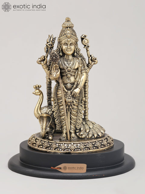 7" Superfine Four Armed Lord Murugan Standing with Vel on Wood Base | Brass Idol