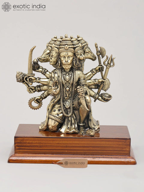 5" Small Superfine Panchamukhi Lord Hanuman in Seated Gesture on Wood Base | Brass Statue
