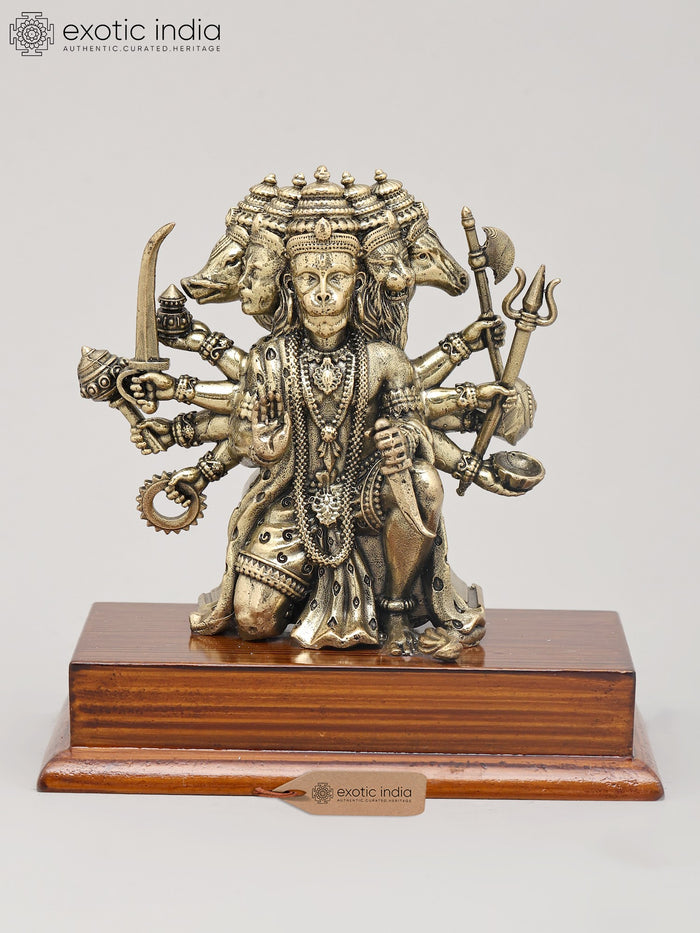 5" Panchamukhi Hanuman Brass Statue Seated Gesture Wood Base Handmade