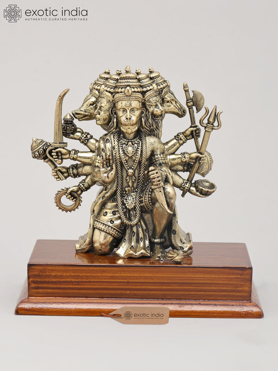 5" Panchamukhi Hanuman Brass Statue Seated Gesture Wood Base Handmade