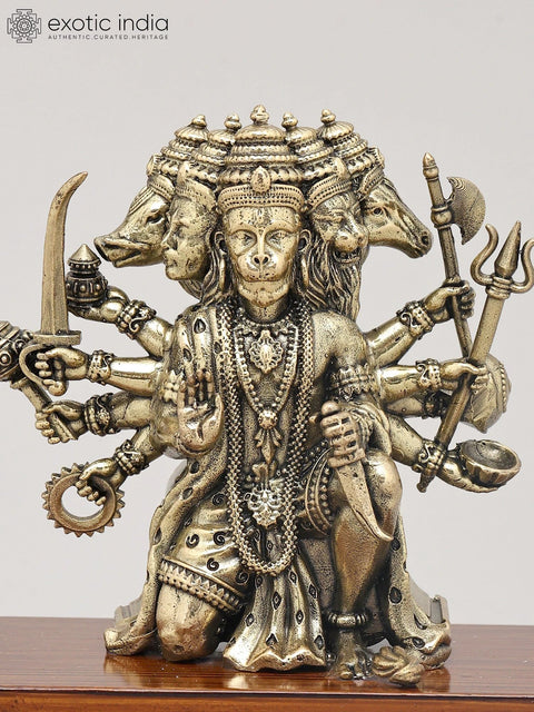 5" Small Superfine Panchamukhi Lord Hanuman in Seated Gesture on Wood Base | Brass Statue