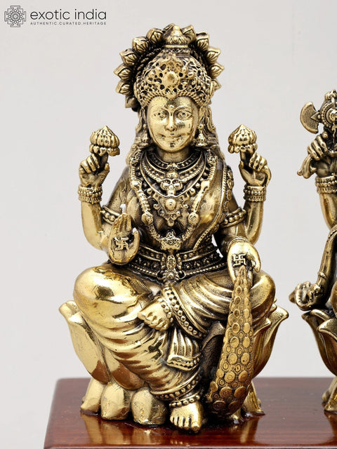 7" Superfine Idol of Lakshmi Ganesha and Saraswati Seated on Wood Base | Brass Sculpture