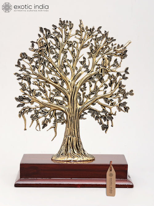 7" Handmade Tree of Life Brass Statue with Wood Base