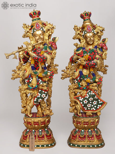 29" Radha and Krishna Standing on Lotus | Brass Statue | Handmade | Made in India