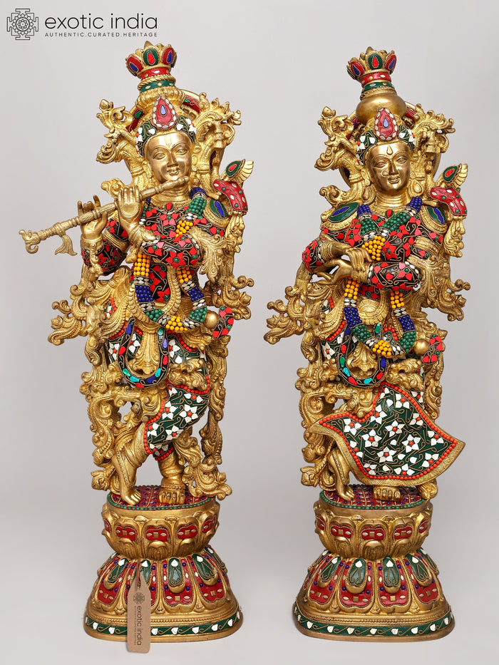 29" Radha Krishna Standing on Lotus Brass Statue Handmade